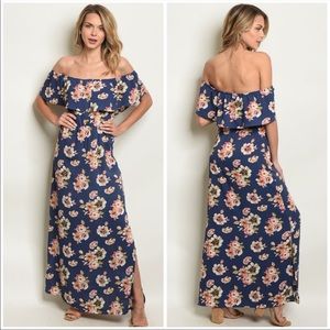 Navy Floral Off-Shoulder Maxi Dress